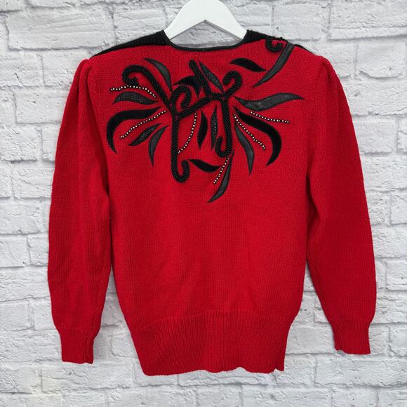 Vintage Eugenia Wrap Front Wool Blend Sweater Size L Red Black Beaded 80s Womens - Picture 6 of 7